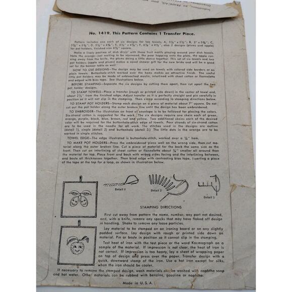 1948 McCall No. 1419 Kaumagraph Transfer Designs in Cross Stitch for Tea Towels - Picture 2 of 7